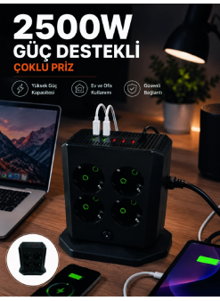 Çoklu Priz 8 Çıkışlı 4 Usb 2 Type-c Anahtarlı Dikey Priz Kulesi