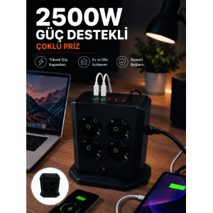 Çoklu Priz 8 Çıkışlı 4 Usb 2 Type-c Anahtarlı Dikey Priz Kulesi