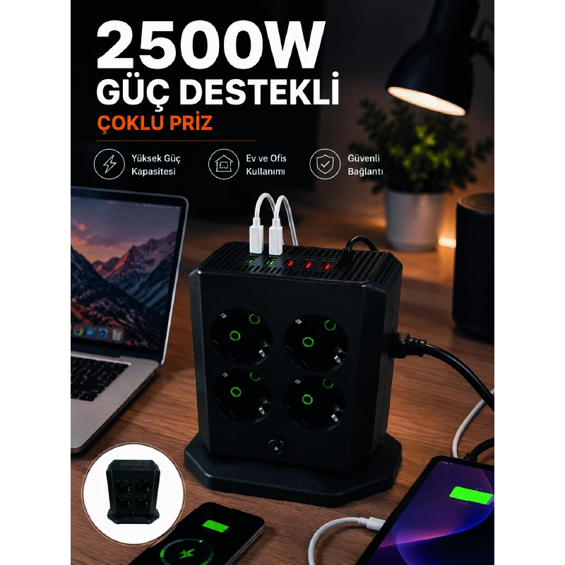 Çoklu Priz 8 Çıkışlı 4 Usb 2 Type-c Anahtarlı Dikey Priz Kulesi Çoklu Priz 8 Çıkışlı 4 Usb 2 Type-c Anahtarlı Dikey Priz Kulesi