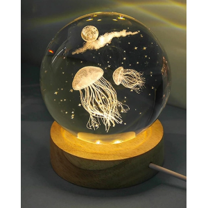 Dekoratif Deniz Anası Tasarımlı Ahşap Altlıklı Işıklı Cam Küre Büyük Boy Cam:8cm Ahşap:2cm