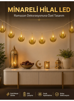 Dekoratif Minareli Hilal Led Işık Metal Gövdeli Ramazan Aydınlatma