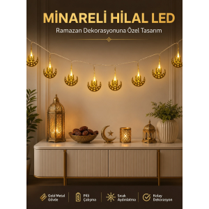Dekoratif Minareli Hilal Led Işık Metal Gövdeli Ramazan Aydınlatma