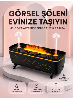 Dekoratif Siyah Hava Nemlendirici Jöle Damla Ve Alev Efektli Led Işıklı Aroma Difüzörü