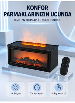 Dekoratif Şömine Görünümlü Nemlendirici Uzaktan Kumandalı Renkli Led Işıklı Difüzör