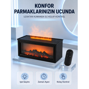 Dekoratif Şömine Görünümlü Nemlendirici Uzaktan Kumandalı Renkli Led Işıklı Difüzör