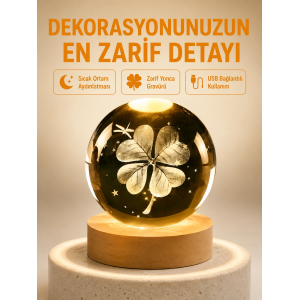 Dekoratif Yonca Görünümlü Işıklı Kristal Cam Küre Usb Masa Gece Lambası