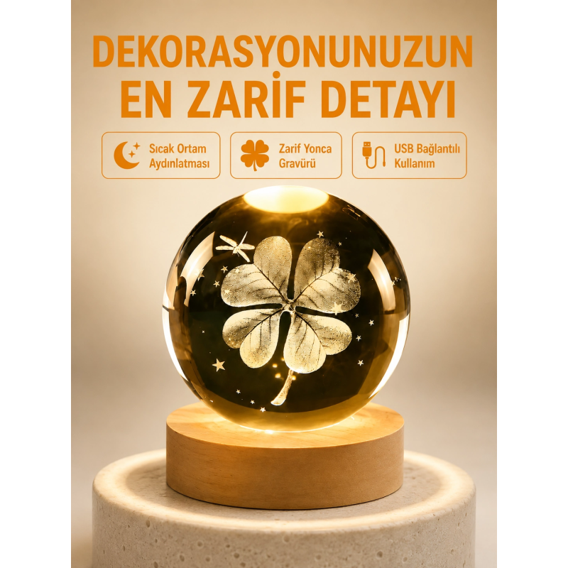 Dekoratif Yonca Görünümlü Işıklı Kristal Cam Küre Usb Masa Gece Lambası Dekoratif Yonca Görünümlü Işıklı Kristal Cam Küre Usb Masa Gece Lambası