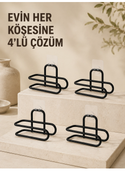 Delmeden Monte Tuvalet Kağıdı Askısı Siyah Metal Yapışkanlı Banyo Kağıtlığı 4’lü Set