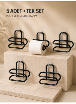 Delmeden Monte Tuvalet Kağıdı Askısı Siyah Metal Yapışkanlı Banyo Kağıtlığı 5’li Set