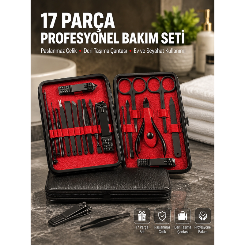 Deri Çantalı Siyah Paslanmaz Çelik 17 Parça Manikür Pedikür Seti Deri Çantalı Siyah Paslanmaz Çelik 17 Parça Manikür Pedikür Seti