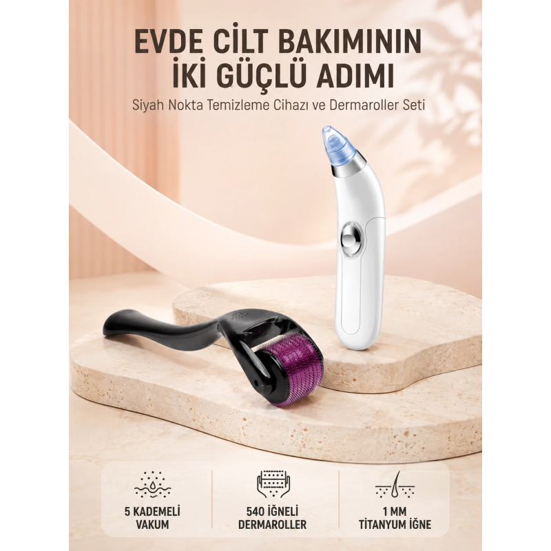 Dermaroller Ve Vakumlu Siyah Nokta Temizleme Cihazı 2’li Cilt Bakım Seti Dermaroller Ve Vakumlu Siyah Nokta Temizleme Cihazı 2’li Cilt Bakım Seti