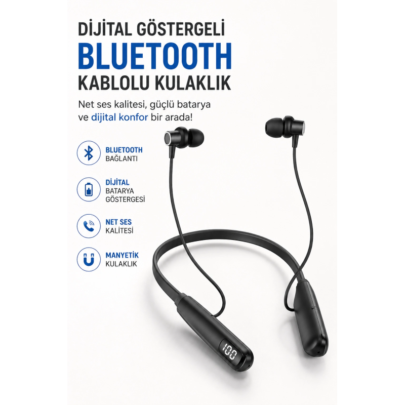 Dijital Batarya Göstergeli Bluetooth Özellikli Boyun Askılı Kulaklık Dijital Batarya Göstergeli Bluetooth Özellikli Boyun Askılı Kulaklık