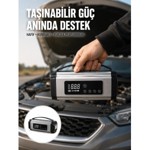 Dijital Göstergeli Akü Takviye Cihazı Lastik Şişirme Powerbank Ve Led Işık Özellikli Yeni Nesil