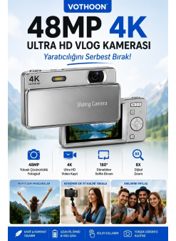 Dijital Kamera 4k Hd 48mp 8x Zoom Flaşlı Kayar Retro Video Kamera 2.4’’ Ekran 64gb Sd Kart Hediyeli Gümüş