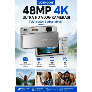 Dijital Kamera 4k Hd 48mp 8x Zoom Flaşlı Kayar Retro Video Kamera 2.4’’ Ekran 64gb Sd Kart Hediyeli Gümüş