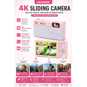 Dijital Kamera 4k Hd 48mp 16x Zoom Flaşlı Kayar Retro Video Kamera 2.8’’ Ekran 64gb Sd Kart Hediyeli Pembe