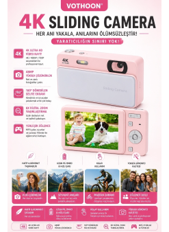 Dijital Kamera 4k Hd 48mp 8x Zoom Flaşlı Kayar Retro Video Kamera 2.4’’ Ekran 64gb Sd Kart Hediyeli Pembe
