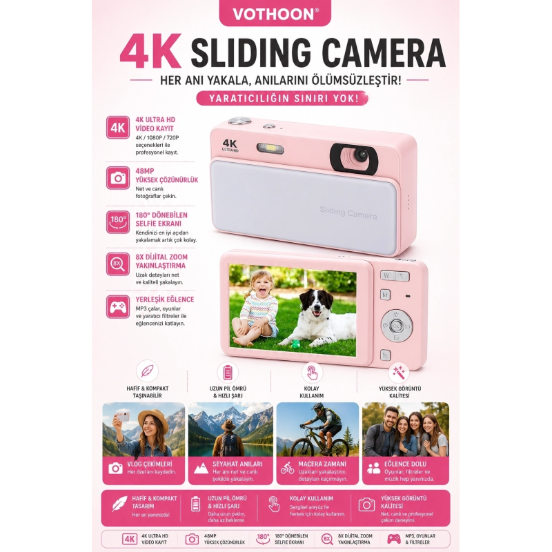 Dijital Kamera 4k Hd 48mp 8x Zoom Flaşlı Kayar Retro Video Kamera 2.4’’ Ekran 64gb Sd Kart Hediyeli Pembe Dijital Kamera 4k Hd 48mp 8x Zoom Flaşlı Kayar Retro Video Kamera 2.4’’ Ekran 64gb Sd Kart Hediyeli Pembe