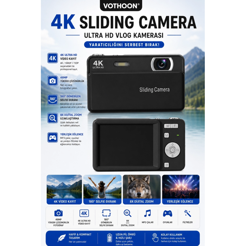 Dijital Kamera 4k Hd 48mp 16x Zoom Flaşlı Kayar Retro Video Kamera 2.8’’ Ekran 64gb Sd Kart Hediyeli Siyah Dijital Kamera 4k Hd 48mp 16x Zoom Flaşlı Kayar Retro Video Kamera 2.8’’ Ekran 64gb Sd Kart Hediyeli Siyah