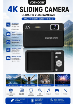 Dijital Kamera 4k Hd 48mp 8x Zoom Flaşlı Kayar Retro Video Kamera 2.4’’ Ekran 64gb Sd Kart Hediyeli Siyah