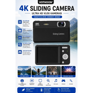 Dijital Kamera 4k Hd 48mp 8x Zoom Flaşlı Kayar Retro Video Kamera 2.4’’ Ekran 64gb Sd Kart Hediyeli Siyah