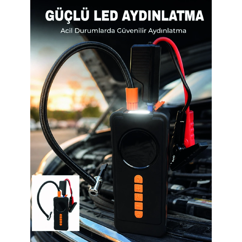 Dijital Lastik Şişirme Kompresörü Akü Takviye Powerbank Led Aydınlatmalı Acil Durum Cihazı Dijital Lastik Şişirme Kompresörü Akü Takviye Powerbank Led Aydınlatmalı Acil Durum Cihazı