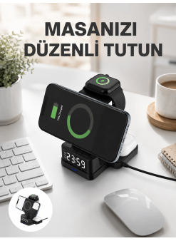 Dijital Saatli Kablosuz Şarj İstasyonu – 3’ü 1 Arada Apple Uyumlu Hızlı Şarj Ve Led Ekran Yeni Nesil