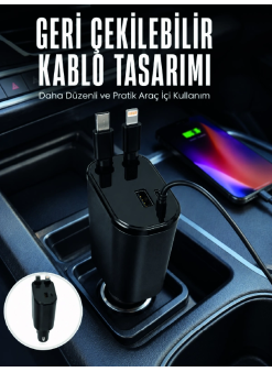 Dijital Voltaj Göstergeli Araç Şarj Cihazı Geri Çekilebilir Kablolu 4 Portlu Hızlı Şarj Adaptörü