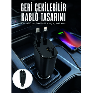 Dijital Voltaj Göstergeli Araç Şarj Cihazı Geri Çekilebilir Kablolu 4 Portlu Hızlı Şarj Adaptörü
