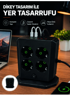 Dikey Priz Kulesi 8 Ac Priz 4 Usb 2 Type-c Çocuk Korumalı Güç Dağıtıcı