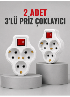 Direkt Duvar Prizine Takılan 3’lü Priz Adaptörü Anahtarlı Priz Çoklayıcı 2 Adet