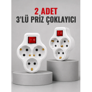 Direkt Duvar Prizine Takılan 3’lü Priz Adaptörü Anahtarlı Priz Çoklayıcı 2 Adet