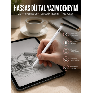 Dokunmatik Kalem Beyaz Şarjlı Yedek Uçlu Android Ve İos Uyumlu