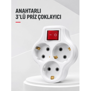 Duvar Tipi 3’lü Priz Çoklayıcı Kablosuz Anahtarlı Kompakt Priz Adaptörü