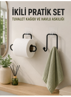 Duvara Yapışkanlı 2’li Düzenleme Seti Havlu Askısı Ve Tuvalet Kağıdı Tutucu