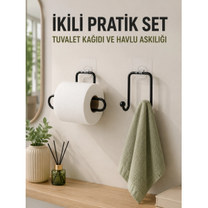 Duvara Yapışkanlı 2’li Düzenleme Seti Havlu Askısı Ve Tuvalet Kağıdı Tutucu