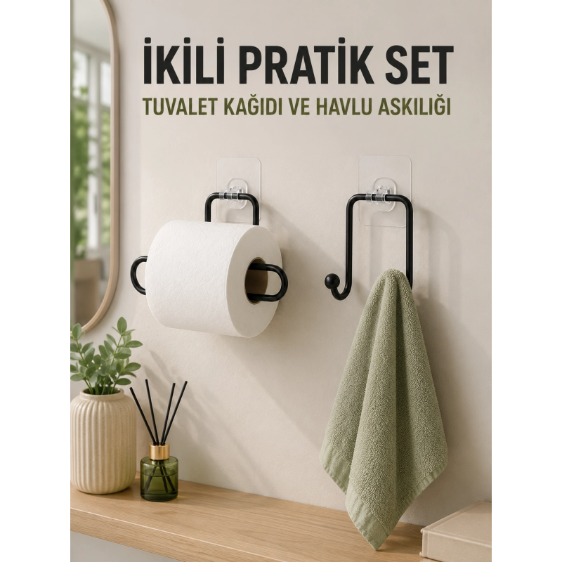 Duvara Yapışkanlı 2’li Düzenleme Seti Havlu Askısı Ve Tuvalet Kağıdı Tutucu Duvara Yapışkanlı 2’li Düzenleme Seti Havlu Askısı Ve Tuvalet Kağıdı Tutucu