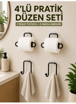 Duvara Yapışkanlı Rulo Kağıtlık Ve Havlu Askılığı 2’şer Adet 4’lü Set