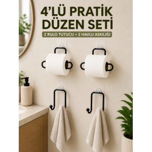 Duvara Yapışkanlı Rulo Kağıtlık Ve Havlu Askılığı 2’şer Adet 4’lü Set