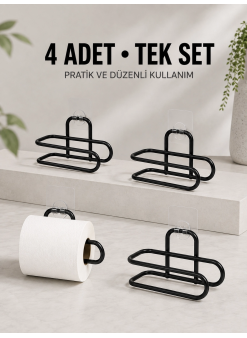 Duvara Yapışkanlı Wc Kağıtlık Siyah Metal 4 Adet Tuvalet Kağıdı Rulo Askısı
