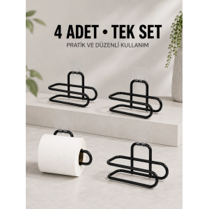 Duvara Yapışkanlı Wc Kağıtlık Siyah Metal 4 Adet Tuvalet Kağıdı Rulo Askısı