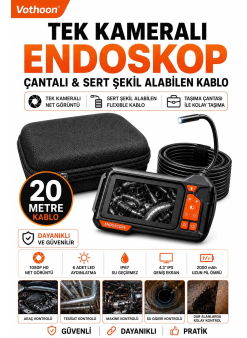 Ekranlı Tek Kameralı 20 Mt Sert Kablo Yılan Endoskop Kamera 8 Mm 4.3 Inc