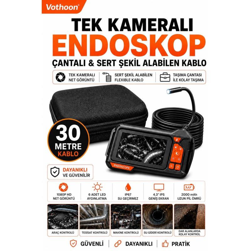 Ekranlı Tek Kameralı 30 Mt Sert Kablo Yılan Endoskop Kamera 8 Mm 4.3 Inc Ekranlı Tek Kameralı 30 Mt Sert Kablo Yılan Endoskop Kamera 8 Mm 4.3 Inc