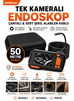Ekranlı Tek Kameralı 50 Mt Sert Kablo Yılan Endoskop Kamera 8 Mm 4.3 Inc