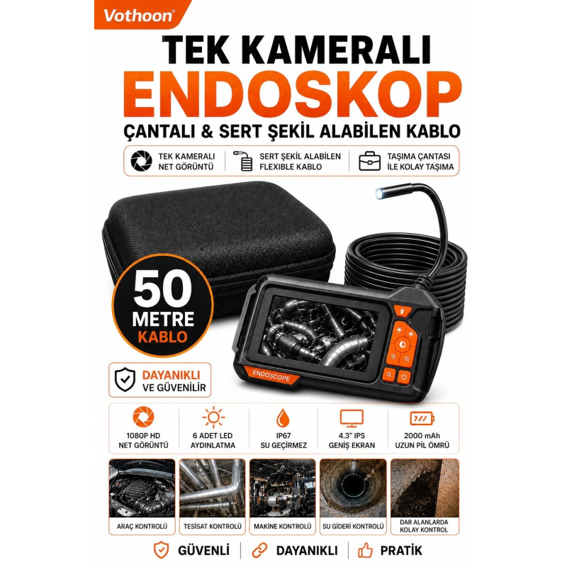 Ekranlı Tek Kameralı 50 Mt Sert Kablo Yılan Endoskop Kamera 8 Mm 4.3 Inc Ekranlı Tek Kameralı 50 Mt Sert Kablo Yılan Endoskop Kamera 8 Mm 4.3 Inc