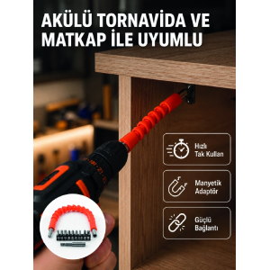 Esnek Bits Uç Seti 12 Parça Manyetik Adaptörlü Matkap Tornavida Aksesuarı
