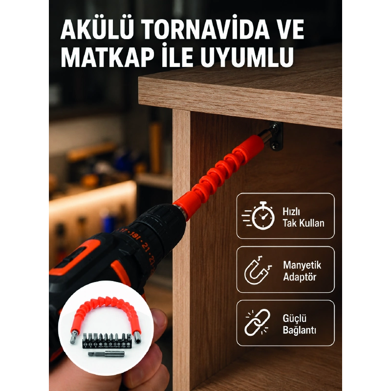 Esnek Bits Uç Seti 12 Parça Manyetik Adaptörlü Matkap Tornavida Aksesuarı Esnek Bits Uç Seti 12 Parça Manyetik Adaptörlü Matkap Tornavida Aksesuarı