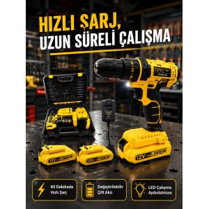 Ev Ve Atölye İçin 12v Akülü Matkap | Plastik Mandren Ve Metal Şanzıman