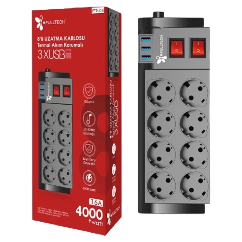 Fulltech Ftr-08 8’li Termal Akım Korumalı Priz Fulltech Ftr-08 8’li Termal Akım Korumalı Priz