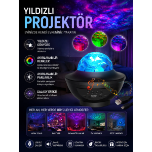 Galaxy Efektli Led Gece Lambası Projektörü Bluetooth Bağlantılı